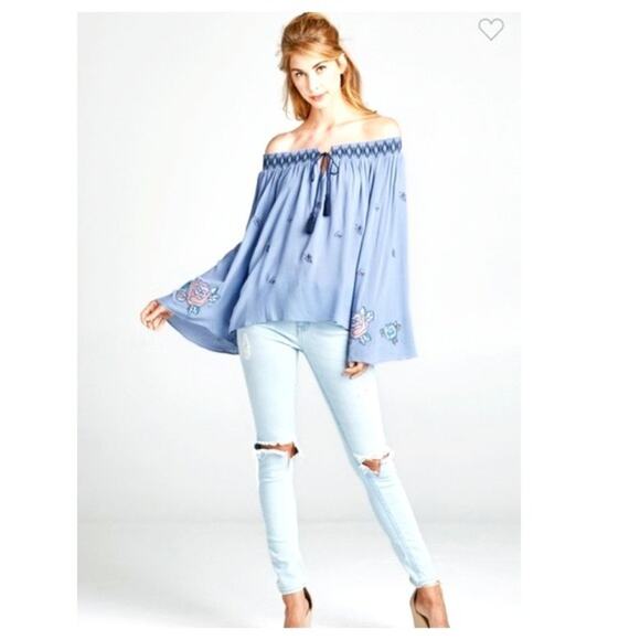 Women's Blue Peasant Elasticized Off the Shoulder Bell Sleeve Blouse - Picture 1 of 7